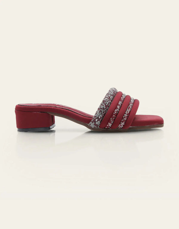 Rouzelle Maroon Block Heels with Glitter Triple Straps – Essence by Rubina